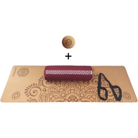 Yin Yoga set – Moon (ROOD)| Kurk yogamat| Yoga Bolster| Kurk massagebal| Draagiem| Ethisch geproduceerd uit natuurlijke materialen
