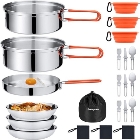 Camping Kookgerei Set Servies Rvs Mess Kit Pot Pan Plate Bowl Lepel Vorkmes Karabijnhaken Reizen Kookgerei Outdoor Trekking Wandelen Picknick 25 Stuks voor 3 Personen