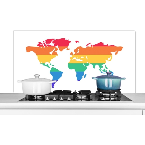 Spatscherm Keuken - Kookplaat Achterwand - Spatwand Fornuis - 120x60 cm - Wereldkaart - Pride - Regenboog - Aluminium - Wanddecoratie - Muurbeschermer - Hittebestendig