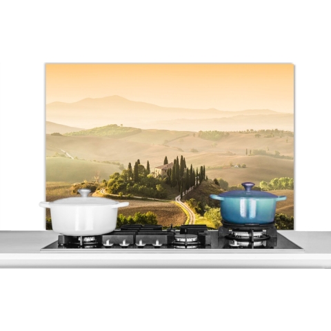 Spatscherm Keuken - Kookplaat Achterwand - Spatwand Fornuis - 100x65 cm - Landschap - Groen - Heuvel - Toscane - Natuur - Aluminium - Wanddecoratie - Muurbeschermer - Hittebestendig