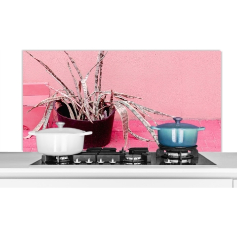 Spatscherm Keuken - Kookplaat Achterwand - Spatwand Fornuis - 120x60 cm - Zomer - Roze - Planten - Aluminium - Wanddecoratie - Muurbeschermer - Hittebestendig