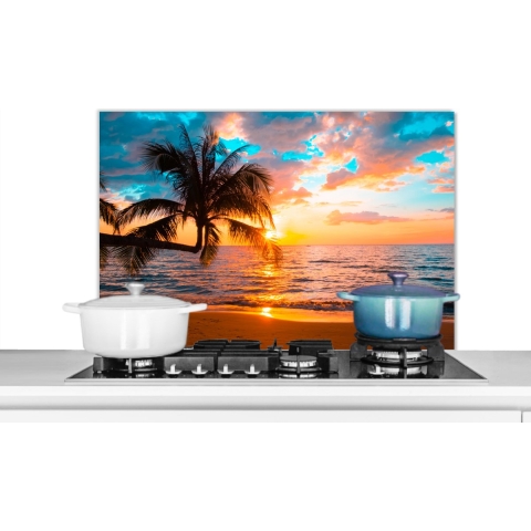 Spatscherm Keuken - Kookplaat Achterwand - Spatwand Fornuis - 90x60 cm - Palm - Zonsondergang - Horizon - Strand - Zee - Tropisch - Aluminium - Wanddecoratie - Muurbeschermer - Hittebestendig