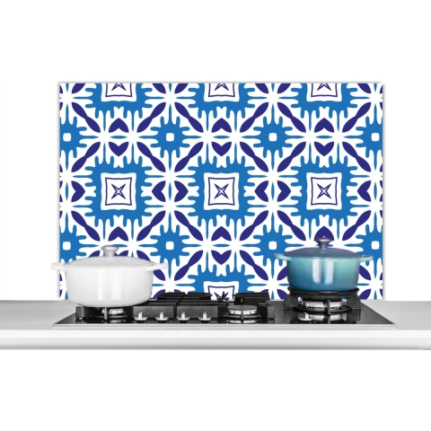 Spatscherm Keuken - Kookplaat Achterwand - Spatwand Fornuis - 100x65 cm - Vector - Blauw - Tegels - Patronen - Aluminium - Wanddecoratie - Muurbeschermer - Hittebestendig