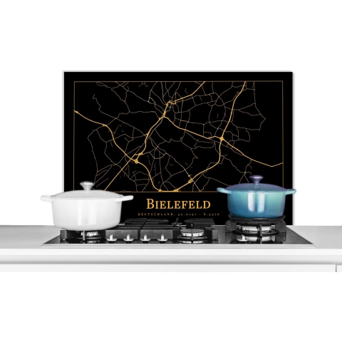 Spatscherm Keuken - Kookplaat Achterwand - Spatwand Fornuis - 90x60 cm - Kaart - Bielefeld - Goud - Zwart - Aluminium - Wanddecoratie - Muurbeschermer - Hittebestendig