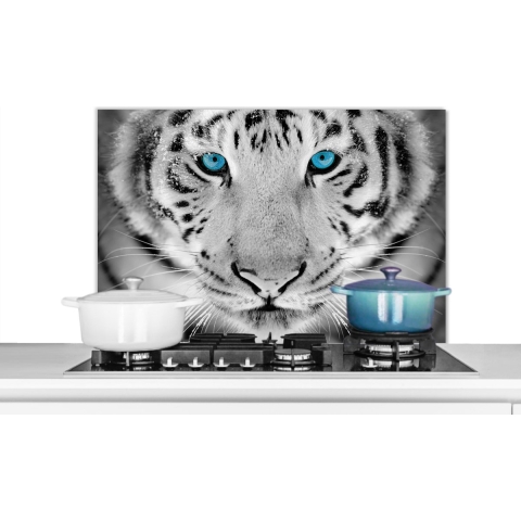 Spatscherm Keuken - Kookplaat Achterwand - Spatwand Fornuis - 90x60 cm - Dieren - Tijger - Ogen - Blauw - Zwart wit - Aluminium - Wanddecoratie - Muurbeschermer - Hittebestendig