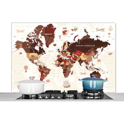 Spatscherm Keuken - Kookplaat Achterwand - Spatwand Fornuis - 120x80 cm - Wereldkaart - Bruin - Rood - Aluminium - Wanddecoratie - Muurbeschermer - Hittebestendig