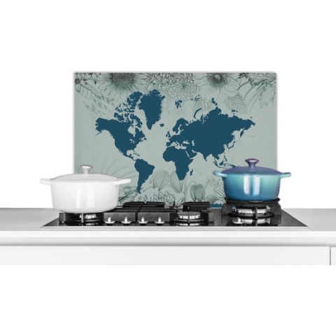 Spatscherm Keuken - Kookplaat Achterwand - Spatwand Fornuis - 70x50 cm - Wereldkaart - Grijs - Blauw - Aluminium - Wanddecoratie - Muurbeschermer - Hittebestendig