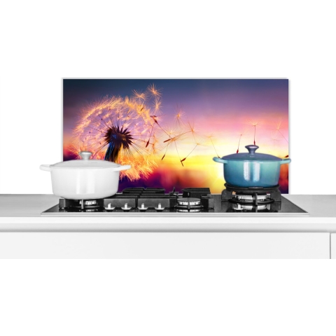Spatscherm Keuken - Kookplaat Achterwand - Spatwand Fornuis - 90x45 cm - Paardenbloem - Bloemen - Zonsondergang - Horizon - Nacht - Aluminium - Wanddecoratie - Muurbeschermer - Hittebestendig
