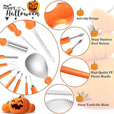 Halloween pompoensnijset, 11 stuks, snijgereedschap, pompoen, roestvrij staal, professionele pompoensnijset met opbergtas