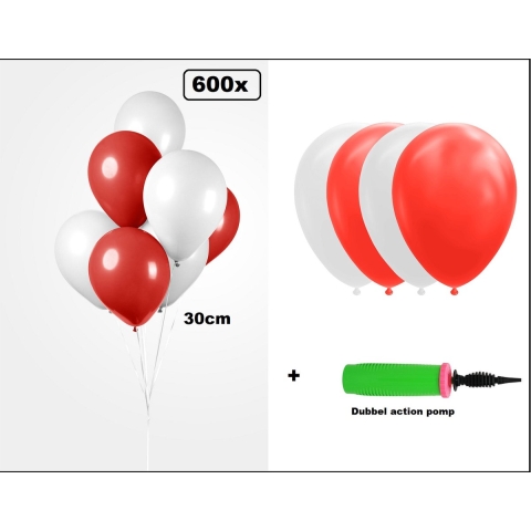600x Luxe Ballon rood/wit 30cm + 2x dubbel actie pomp - biologisch afbreekbaar - Carnaval Festival feest party verjaardag Sinterklaas landen helium lucht thema