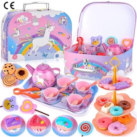 Eenhoorn Theeservies Speelgoed Set voor Meisjes - Betoverende 48-delige Speelgoed - Keukenspel met Draagbare Eenhoornkoffer - Fantastisch Cadeau voor Creatieve Thee Feestjes - Bevordert Sociale Vaardigheden en Verbeeldingskracht van Kinderen 3-7 jaar