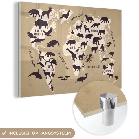 MuchoWow® Glasschilderij - Wereldkaart - Dieren - Wereld - 150x100 cm - Acrylglas Schilderijen - Foto op Glas