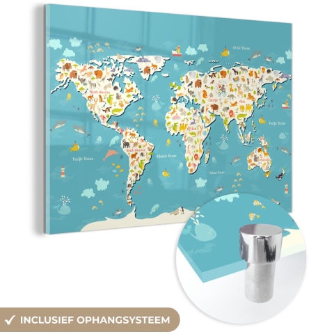 MuchoWow® Glasschilderij - Wereldkaart - Kinderen - Dieren - Kind - Jongens - Meiden - 120x80 cm - Acrylglas Schilderijen - Foto op Glas