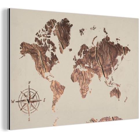 Wanddecoratie Metaal - Aluminium Schilderij Industrieel - Wereldkaart - Hout - Windroos - 90x60 cm - Dibond - Foto op aluminium - Industriële muurdecoratie - Voor de woonkamer/slaapkamer