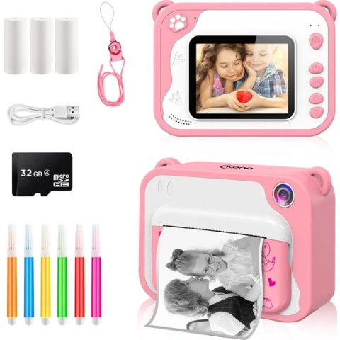 Ilona® 3 IN 1 Digitale Kindercamera + Instant print + speelcamera | 32GB micro sd kaart | camera kinderen | Vlogcamera met games | Fototoestel voor Kinderen | Klein Formaat Speelgoed | Met videofunctie | Roze