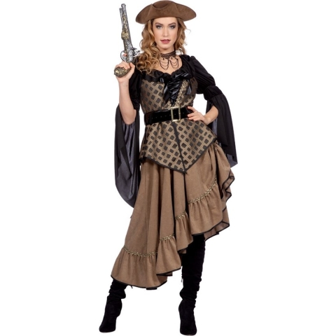 Wilbers & Wilbers - Piraat & Viking Kostuum - Welvarende Pippa Piraat - Vrouw - Bruin, Zwart - Maat 42 - Carnavalskleding - Verkleedkleding
