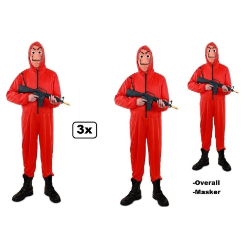 3x Rode overall met capuchon + masker- La Casa de Papel mt.M