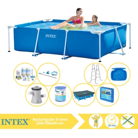 Intex Rectangular Frame Zwembad - Opzetzwembad - 220x150x60 cm - Inclusief Afdekzeil, Onderhoudspakket, Zwembadpomp, Filter, Trap, Voetenbad en Zwembadtegels