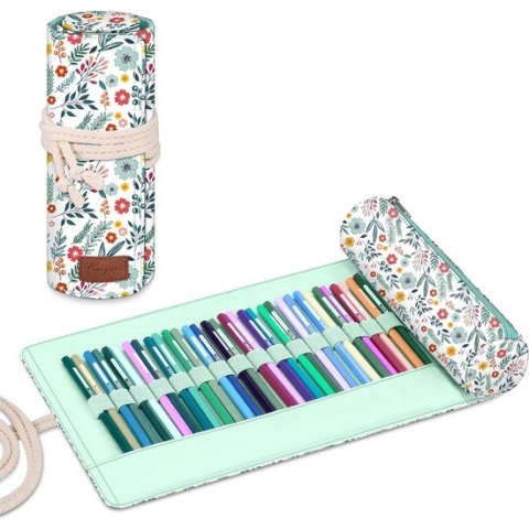 Etui, etui met grote capaciteit, 2-in-1 etui, potloodverpakking met ritssluiting, schooletui voor schilder, ontwerper, school, kantoor, lentebloei, ASAK rolpotloodtas