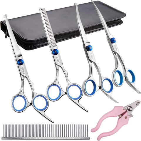 Professionele hondenverzorging schaar Kit roestvrij staal ronde punt snijden gebogen schaar dunner schaar verzorgen kam huisdier haar trimmen schaar met extra hond nagelknipper voor honden en katten
