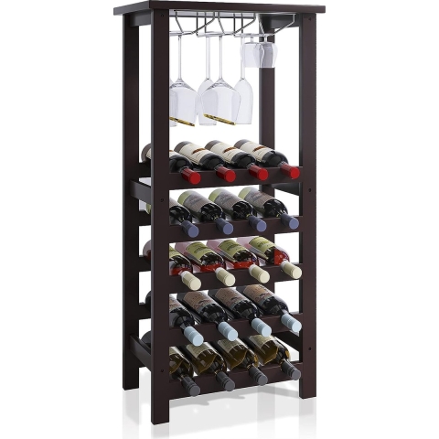 Wijnrek met glazen houder en tafelblad, 20 flessen opslag, vloer vrijstaande bamboe displayplanken voor thuis, keuken, bijkeuken, kelder, bar (espresso)