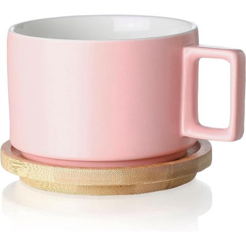 Keramische koffiekop (310 ml) met houten cups, koffiekopjes, set voor cappuccino, latte, espresso, Americano, mokka, thee (mat roze
