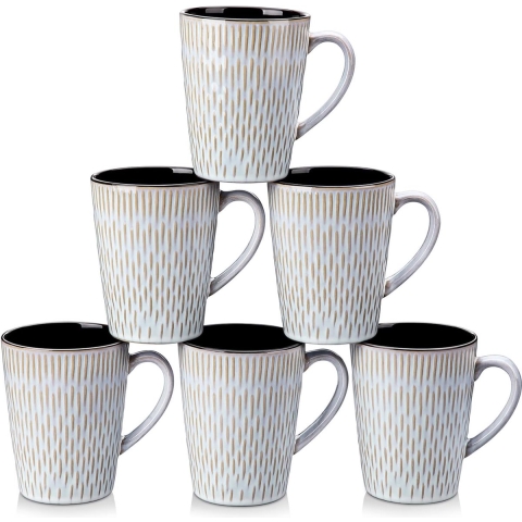 PLUVO koffiekopjes set van 6, kopjesset steengoed, 480 ml koffiemokken met handvat, espressokopjes, grote theekopjes, geschikt voor diverse dranken, beige