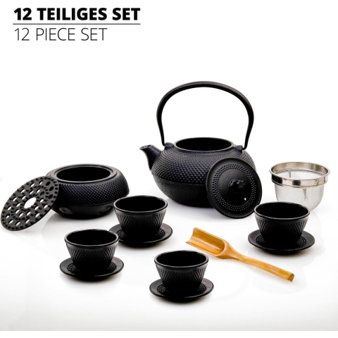 Lumaland - 12 delig theeservies - 1.4 L gietijzeren theepot - theewarmer, lepel, zeef, 4 kopjes en 4 onderzetters