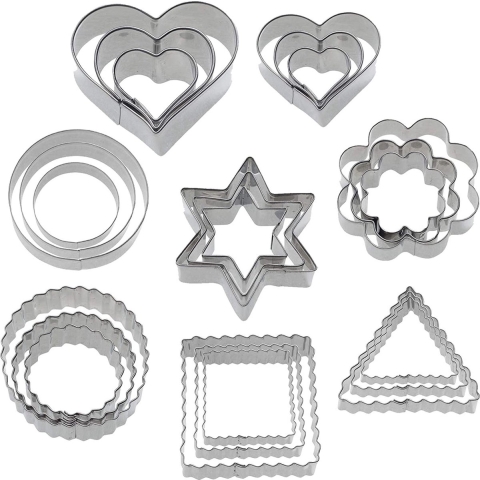 Cookie Cutter Set voor Patio Cookies, 24 stuks, 8 verschillende ontwerpen, maten: elk motief Diameter 4,5,6 cm, Roestvrij Staal, Zilver, 352022e6