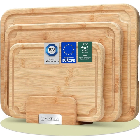 Snijplank hout (set van 3) - natuurlijke snijplanken van robuust bamboe in 3 maten (klein, medium, groot) voor de keuken - 3 planken met diepe sapgoot en standaard om te drogen