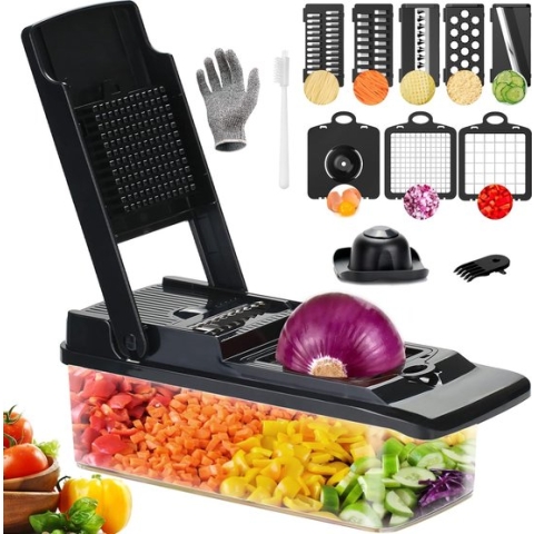 Multifunctionele groentesnijder, professionele keukenmandoline, 15-in-1, handmatige groentesnijder met 7 messen, groentesnijder voor wortel, aardappel, uien, tomaten (zwart)