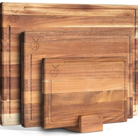 WALDWERK Snijplankenset 3-delig (40x30 / 33x24 / 26x18cm) van massief acaciahout - Snijplanken met plankenhouder - 2cm dikke houten planken met sapgeul - Design Snijplankenset
