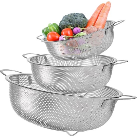 Zeef 3-delige set, roestvrijstalen geperforeerde keukenzeef met handgrepen, microgeperforeerde afdruipzeef, metalen keukenvergiet voor afvoeren en trainen, pasta, rijst, fruit, groenten, vaatwasmachinebestendig, 16 cm/22 cm/28 cm