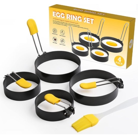 Fried Egg Mould Stainless Steel Egg Ring Pack of 4 Non-Stick Round Egg Rings with Brush and Scald-Proof Silicone Cover Kitchen Tool for Fried Eggs, Sandwiches, Meatloaf