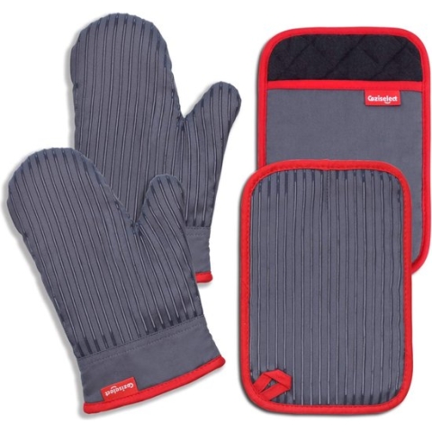 Ovenhandschoenen, hittebestendige pannenhandschoenen en pannenlap, siliconen anti-slip design, geschikt voor koken, bakken, grillen, grijs