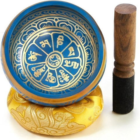 klankschaalset met klepel en klankschaalkussen in Lokta-papieren geschenkdoos. Klankschaal uit Tibet (Horizon Blauw)