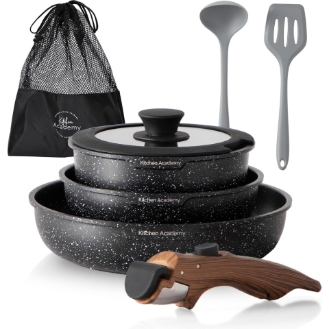 8-delige pannenset met glazen deksels, marmeren coating antiaanbaklaag kookgerei set, geschikt voor inductiekookplaten, korrelige gladde handgreep, zwart.