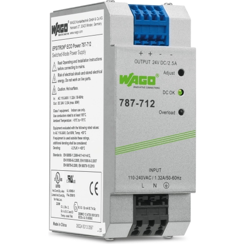 WAGO EPSITRON® ECO POWER 787-712 DIN-rail netvoeding 24 V/DC 2.5 A 60 W Aantal uitgangen: 1 x Inhoud: 1 stuk(s)