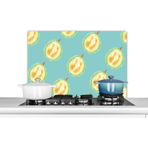 Spatscherm Keuken - Kookplaat Achterwand - Spatwand Fornuis - 90x60 cm - Fruit - Citrus - Blauw - Aluminium - Wanddecoratie - Muurbeschermer - Hittebestendig
