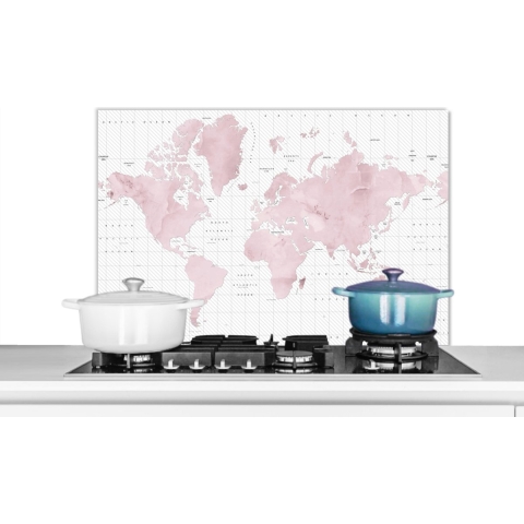 Spatscherm Keuken - Kookplaat Achterwand - Spatwand Fornuis - 90x60 cm - Wereldkaart - Roze - Marmer - Aluminium - Wanddecoratie - Muurbeschermer - Hittebestendig