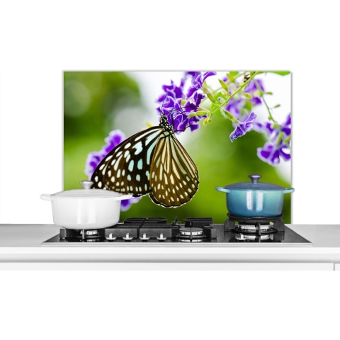 Spatscherm Keuken - Kookplaat Achterwand - Spatwand Fornuis - 90x60 cm - Lavendel - Vlinder - Botanisch - Aluminium - Wanddecoratie - Muurbeschermer - Hittebestendig