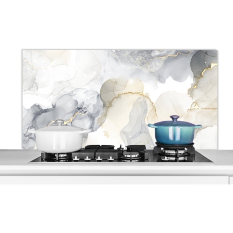 Spatscherm Keuken - Kookplaat Achterwand - Spatwand Fornuis - 120x60 cm - Marmer - Geel - Wit - Aluminium - Wanddecoratie - Muurbeschermer - Hittebestendig
