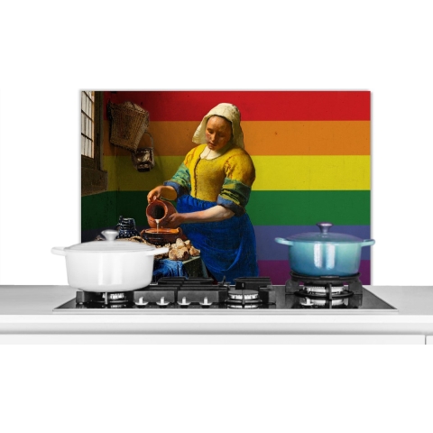 Spatscherm Keuken - Kookplaat Achterwand - Spatwand Fornuis - 90x60 cm - Melkmeisje - Vermeer - Pride - Aluminium - Wanddecoratie - Muurbeschermer - Hittebestendig