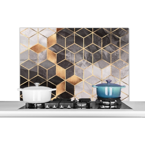 Spatscherm keuken - Luxe - Kubus - Vorm - Patronen - Goud - Abstract - Keuken - Keuken achterwand - 100x65 cm - Spatwand