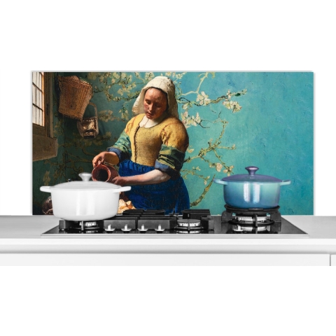 Spatscherm Keuken - Kookplaat Achterwand - Spatwand Fornuis - 120x60 cm - Melkmeisje - Amandelbloesem - Van Gogh - Vermeer - Schilderij - Oude meesters - Aluminium - Wanddecoratie - Muurbeschermer - Hittebestendig