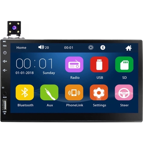 Universele Autoradio met Bluetooth, USB & Aux - Handsfree - Mirrorlink - Radio met Microfoon - Inclusief Achteruitrijcamera