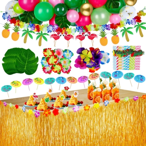 Feestdecoratie | Hawaii Set | Sfeerdecoratie | Feestpakket | Tafelrok | Bloemen | Bladeren | Milieuvriendelijk | Herbruikbaar | 143 Stuks | DELMAI