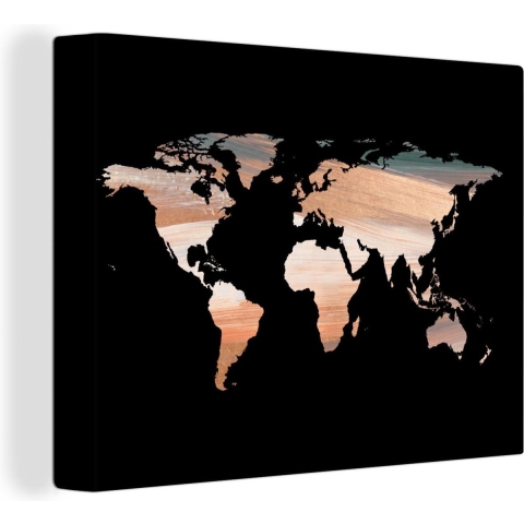 Wanddecoratie Wereldkaart - Kleuren - Zwart - Canvas - 160x120 cm