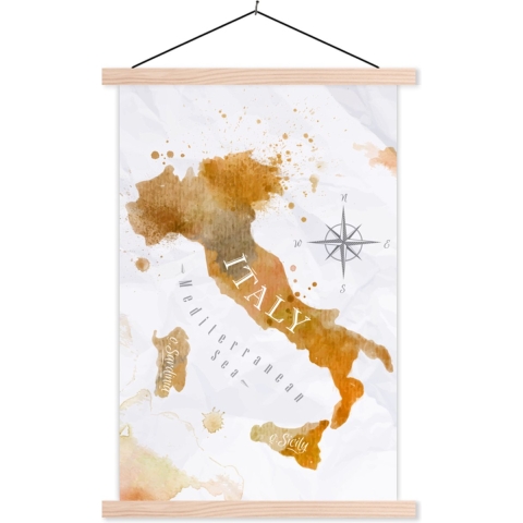 Posterhanger incl. Poster - Schoolplaat - Wereldkaart - Verf - Italië - 120x180 cm - Blanke latten