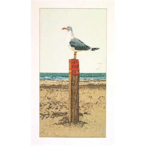 Thea Gouverneur - Borduurpakket met telpatroon - 1062 - Voorgesorteerde DMC Garens - Meeuw - Linnen - 33 cm x 65 cm - DIY Kit